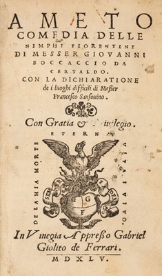 Lot 95 - Boccaccio (Giovanni). Ameto Comedia delle nimphe Fiorentine, Vinegia: G. Giolito de Ferrari, 1545