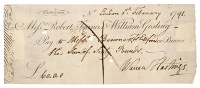 Lot 203 - Hastings (Warren, 1732-1818). Cheque made out by and signed ‘Warren Hastings’