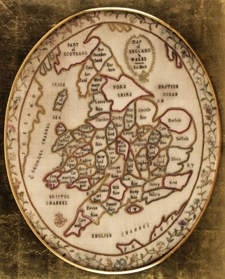 Lot 266 - Embroidered map. Oval map of England & Wales by Eu.[nice Denton] Birch (1777-1877), 1784
