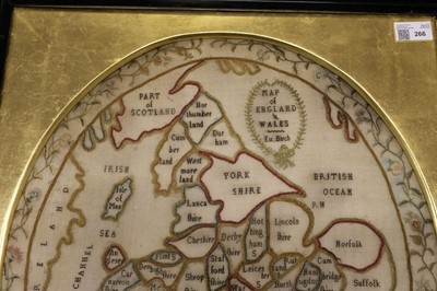 Lot 266 - Embroidered map. Oval map of England & Wales by Eu.[nice Denton] Birch (1777-1877), 1784