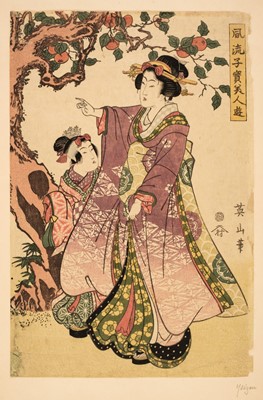 Lot 527 - Eizan (Kikukawa). Courtesan and child below tree bearing fruit, c.1865