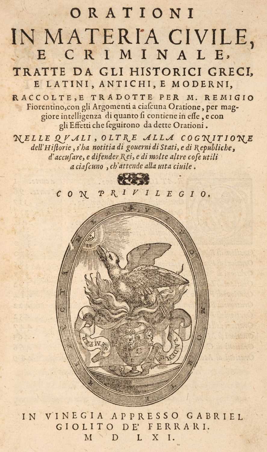 Lot 108 - Nannini (Remigio). Orationi in Materia Civile, e Criminale, Venice: Gabriel Giolito, 1561