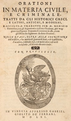 Lot 108 - Nannini (Remigio). Orationi in Materia Civile, e Criminale, Venice: Gabriel Giolito, 1561