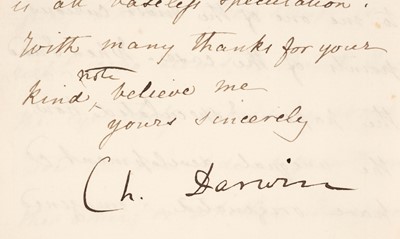 Lot 237 - Darwin (Charles Robert, 1809-1882). Letter signed, 'Ch. Darwin'