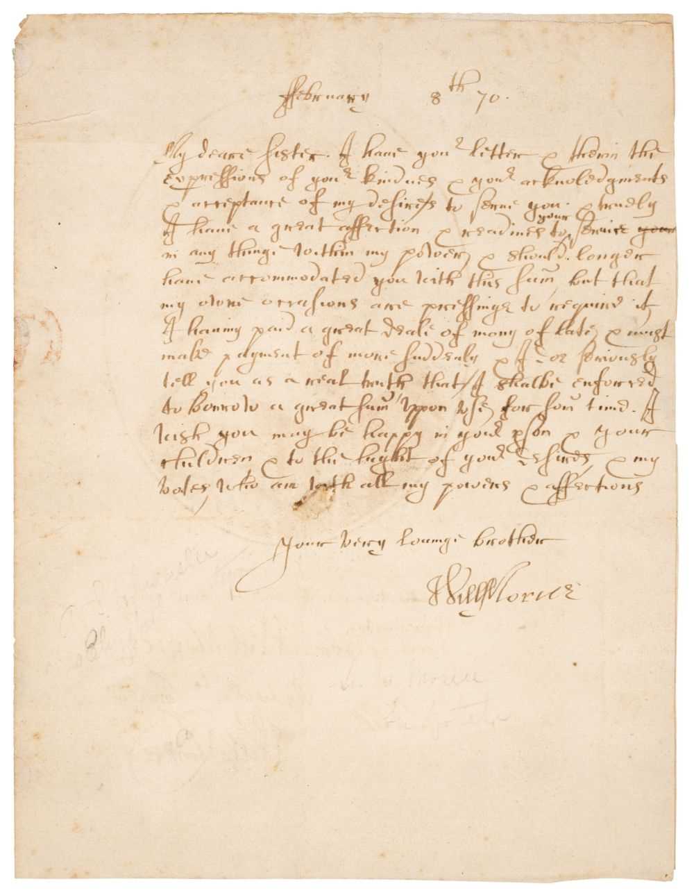 Lot 217 - Morice (William, 1602-1676). Autograph Letter Signed, ‘Will[iam] Morice’