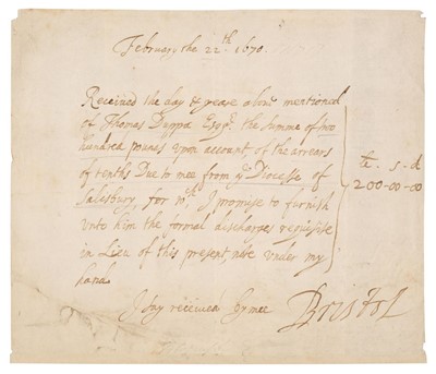 Lot 197 - Digby (George, 1612-1677).  Document Signed, Bristol, no place, 22 February 1670 [1671]