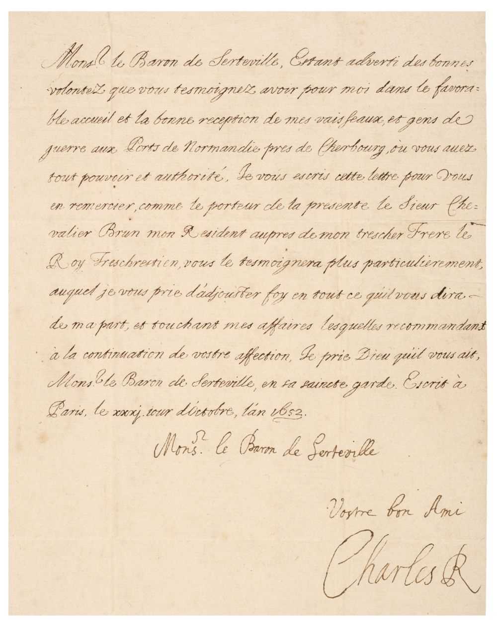 Lot 192 - Charles II (1630-1685). A fine Letter Signed, ‘Charles R’