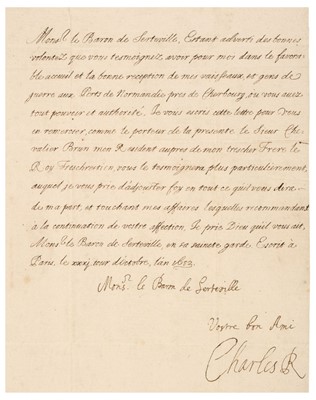 Lot 192 - Charles II (1630-1685). A fine Letter Signed, ‘Charles R’