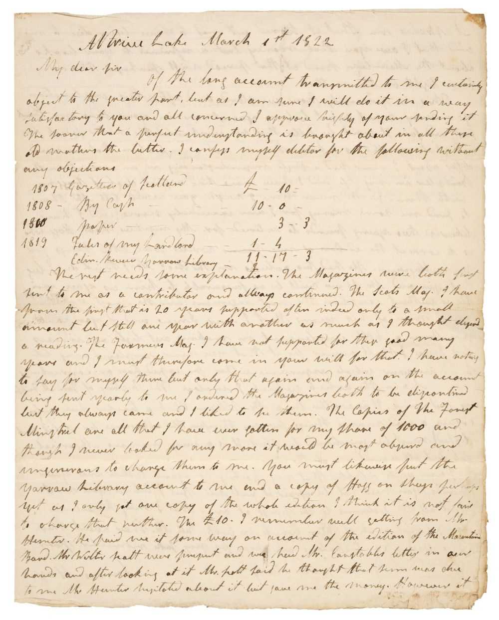 Lot 206 - Hogg (James, 'the Ettrick Shepherd', 1770-1835). Autograph Letter Signed, 'James Hogg', 1 March 1822
