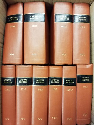 Lot 350 - The Annual Register, or a View of the History, Politics, and Literature for the Year..., a near complete run of 50 volumes, mixed editions, London: printed for J. Dodsley, 1758-1812