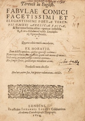 Lot 120 - Terence. Terence in English. Fabulae comici facetissimi..., 4th edition, 1614