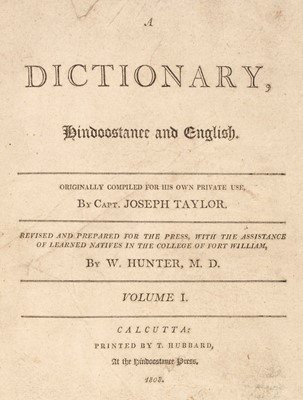 Lot 19 - India. A Dictionary, Hindoostanee and English, volume 1 only, Calcutta: T. Hubbard, 1808