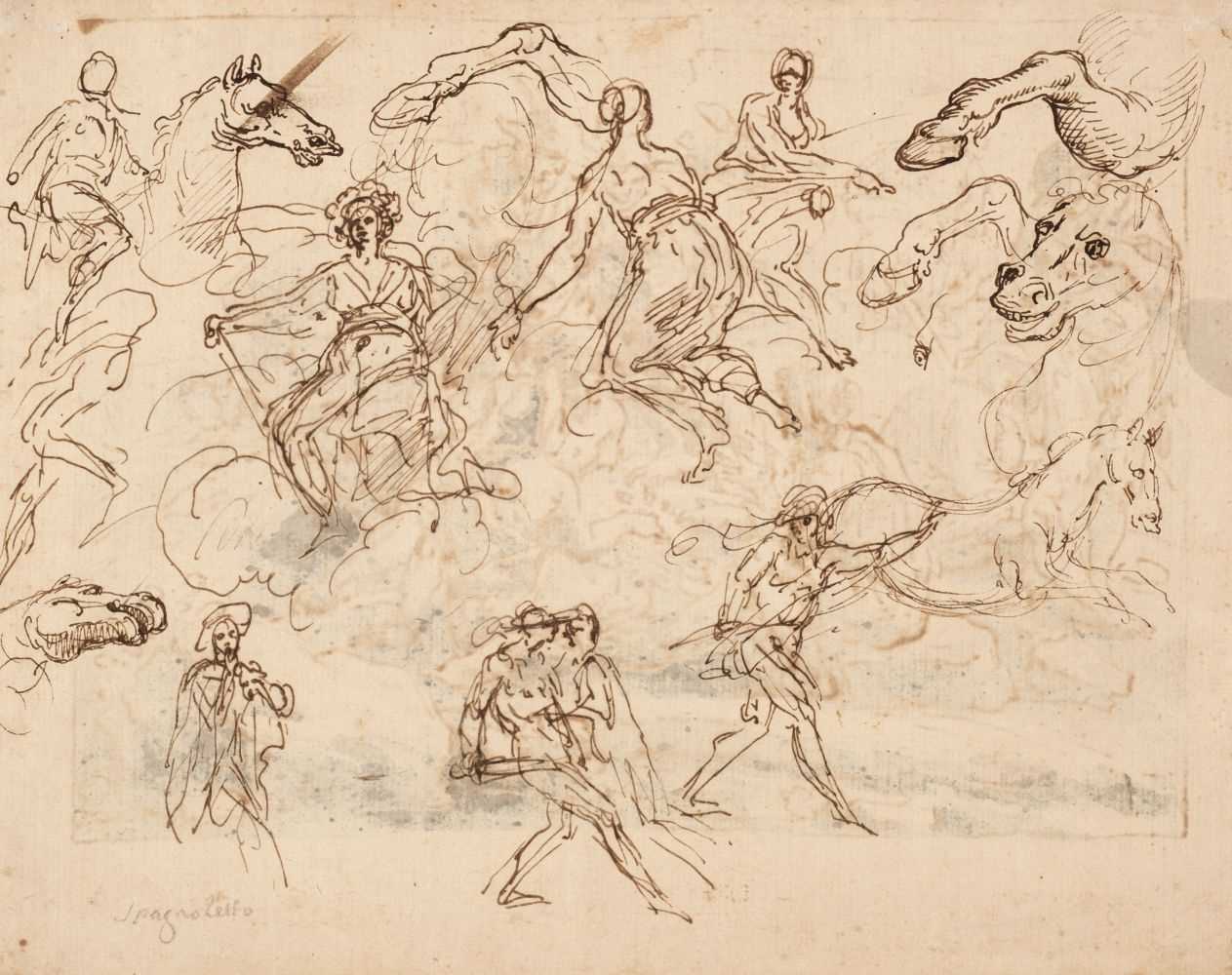Lot 238 - Jusepe de Ribera, (1591-1652). Studies of Figures and Horses, pen and brown ink