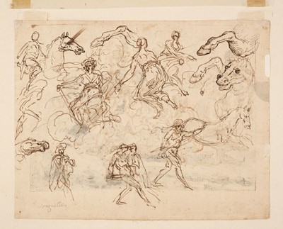 Lot 238 - Jusepe de Ribera, (1591-1652). Studies of Figures and Horses, pen and brown ink