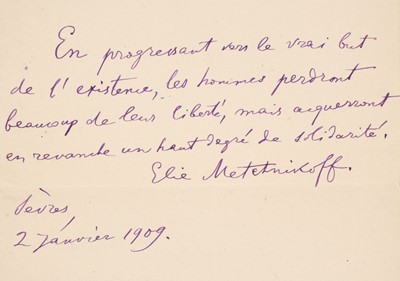 Lot 249 - Metchnikoff (Ilya Ilyich, 1845-1916). Autograph Quotation Signed, 'Elie Metchnikoff'