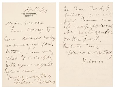 Lot 250 - Thomson (William, 1st Baron Kelvin, 1824-1907). Two Autograph Letters Signed