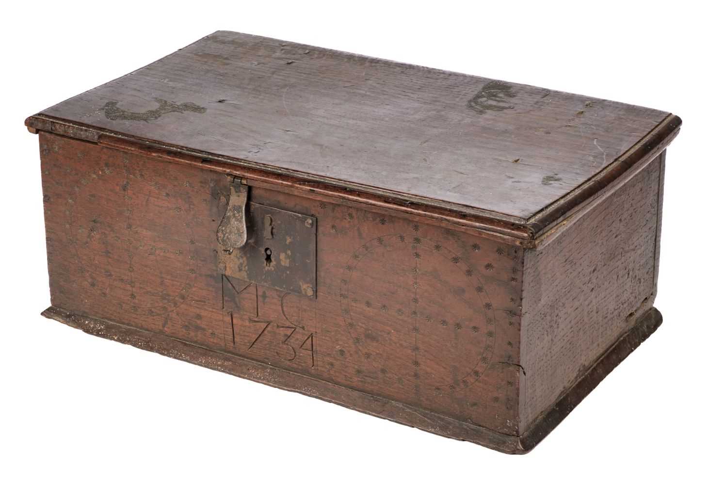 Lot 243 - Bible Box. An Oak Bible box, with carved initials M.C. and dated 1734