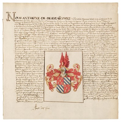Lot 223 - Grant of Arms. Late 16th century manuscript copy of a Grant of Arms to Rolant Longin, 1555