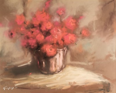 Lot 480 - South African School. Still life of roses in a vase, pastels on brown paper