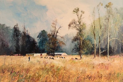 Lot 466 - Tugwell (Christopher, 1938-2021). South African landscape with cows, oil on hardboard