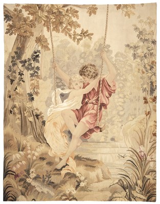 Lot 589 - Aubusson tapestry. L'Escarpolette, 19th century