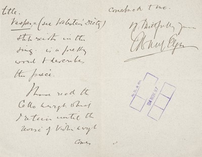 Lot 233 - Elgar (Edward, 1857-1934). Autograph letter, 1897