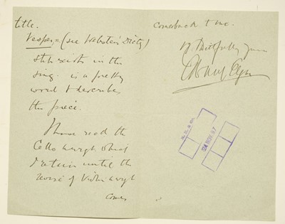 Lot 233 - Elgar (Edward, 1857-1934). Autograph letter, 1897