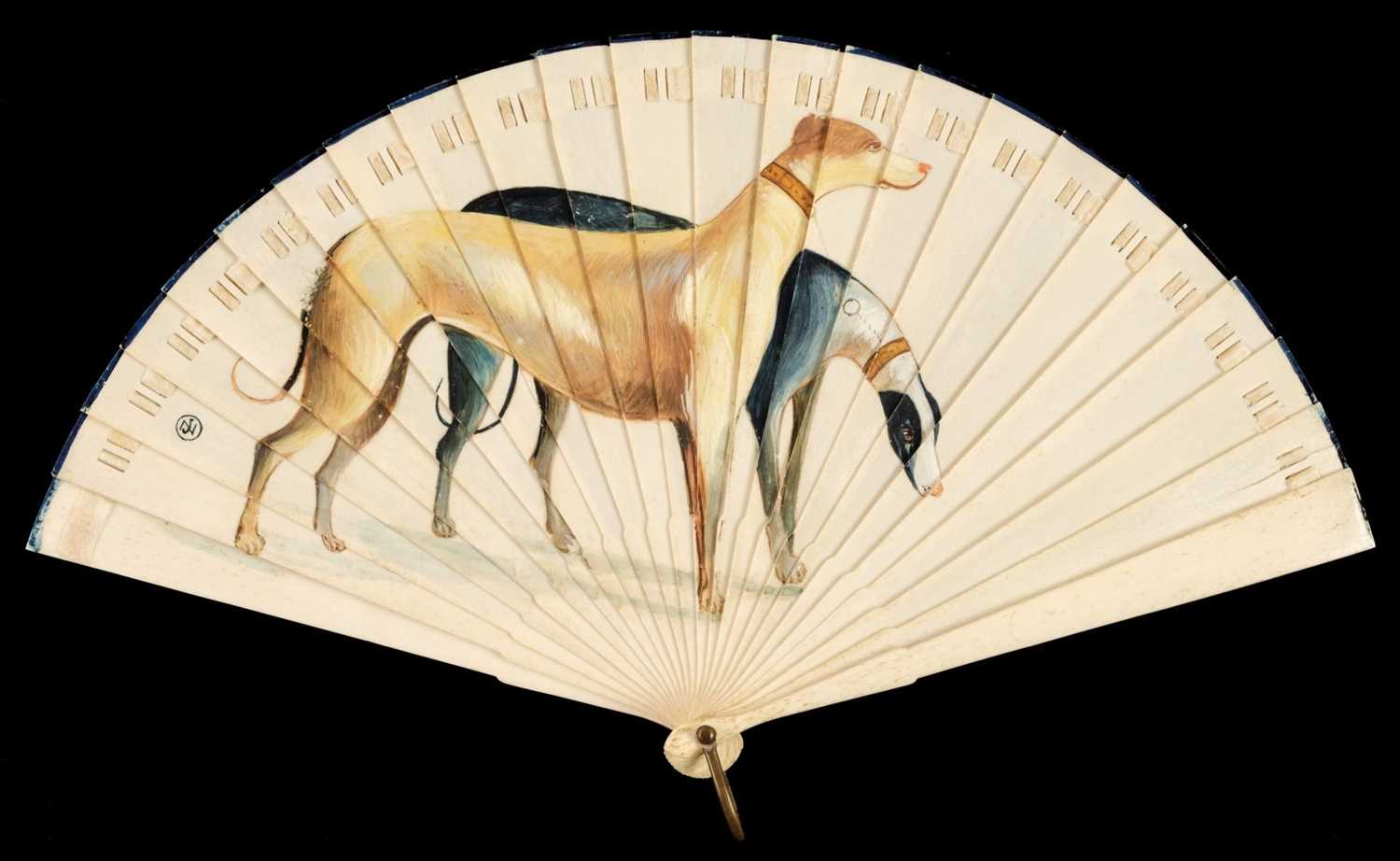 Lot 348 - Art Deco. A painted brisé fan depicting greyhounds, circa 1930s