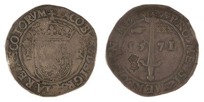 Lot 514 - James VI (1567-1603, James I of England). Ryal ‘Sword Dollar’ of thirty Scottish Shillings, 1571