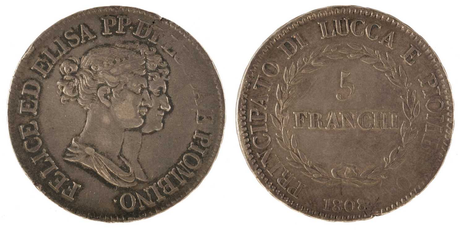 Lot 504 - Italy. Florence. Lucca And Piombino, Elisa Bonaparte with Felice Baciocchi. 5 Francs, 1808