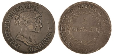 Lot 504 - Italy. Florence. Lucca And Piombino, Elisa Bonaparte with Felice Baciocchi. 5 Francs, 1808