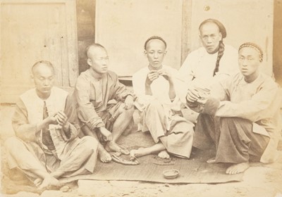 Lot 46 - China. Five seated Chinese men gambling, c. 1870s, albumen print