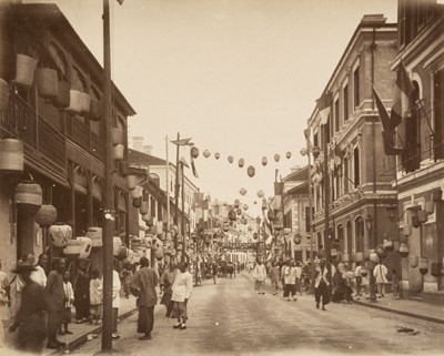 Lot 42 - China. Busy street scene in the French concession, Shanghai, c. 1890s, albumen print on card mount