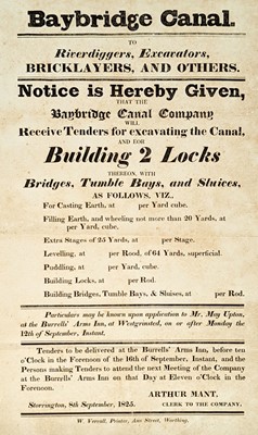 Lot 38 - Baybridge Canal, Sussex. A pair of broadsides relating to the canal construction and later closure, 1825 & 1875 respectively