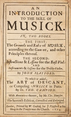 Lot 276 - Playford (John). An Introduction to the Skill of Musick, 7th edition, 1674