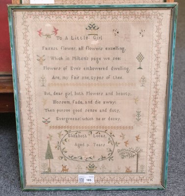 Lot 185 - Samplers. A needlework picture by Elizabeth Lucas, early 19th century, plus 2 others