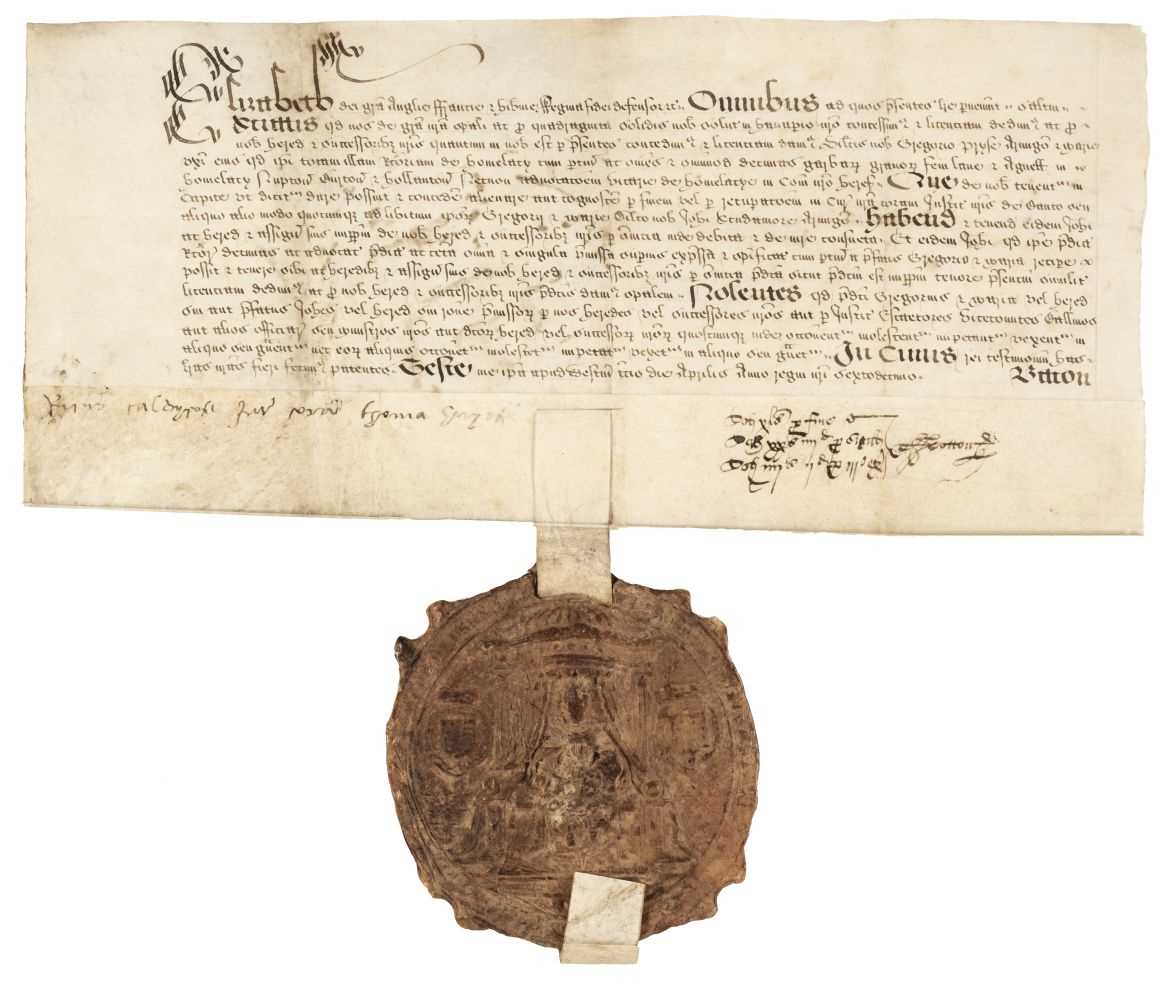 Lot 256 - Elizabethan Great Seal. Licence for alienation for £2; 3 April 1574