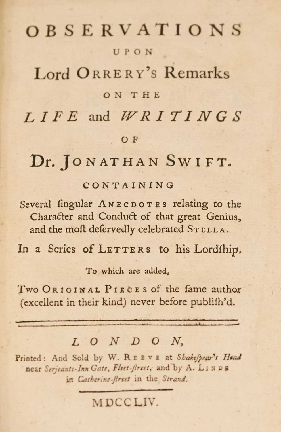 Lot 294 - Delany (Patrick). Observations upon Lord Orrery's Remarks on ... Dr. Jonathan Swift , 1754