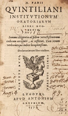 Lot 259 - Quintilian. Institutionum Oratoriarum Libri Duodecim, 1575