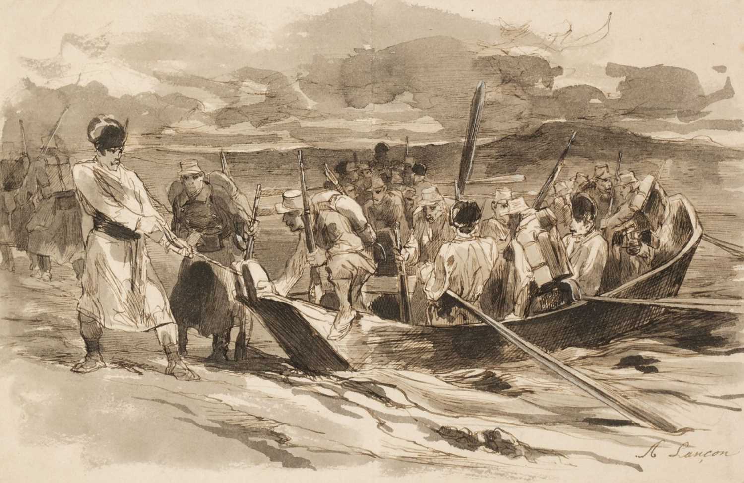 Lot 311 - Lançon (Auguste,1836-1887). Romanian Infantry crossing a River by Night, circa 1878