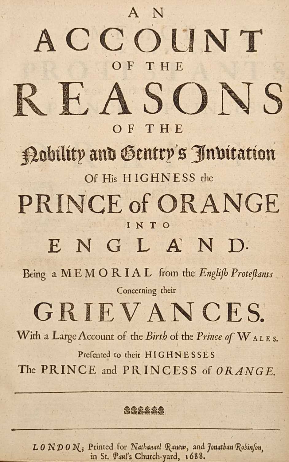 Lot 292 - Wildman (John). An account of the reasons of the nobility and gentry's invitation..., 1688