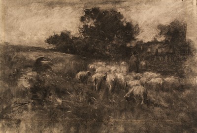 Lot 321 - Maris (Jacob Henricus, 1837-1899). Shepherd with his flock beside a river, charcoal