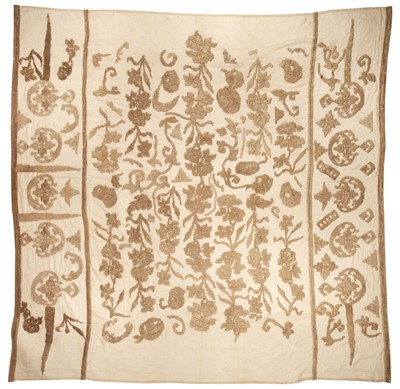 Lot 156 - Embroidered bedcover. Buratto-style embroidery on later support, possibly Italian, 18th century