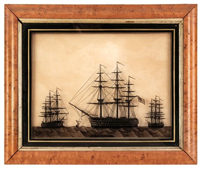 Lot 34 - HMS Britannia & HMS Royal Sovereign. A fine pair of reverse glass black silhouette paintings