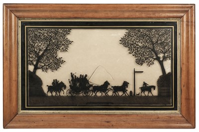 Lot 33 - Epsom Derby 1827. A fine pair of reverse glass black silhouette paintings circa 1827