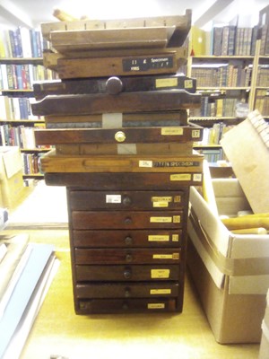 Lot 464 - Type cabinet. A seven drawer type cabinet with brass type