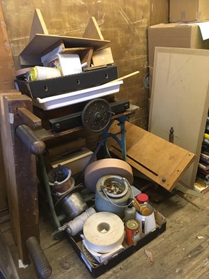 Lot 65 - Bookbinding equipment and accessories. Including a large laying press and pair of sewing frames etc.