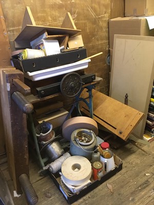 Lot 436 - Bookbinding equipment and accessories. Including a large laying press and pair of sewing frames etc.