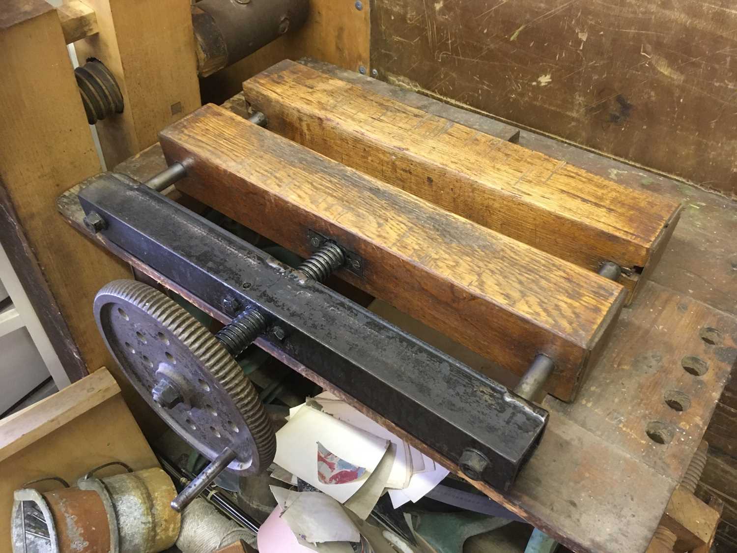 Lot 65 - Bookbinding equipment and accessories. Including a large laying press and pair of sewing frames etc.