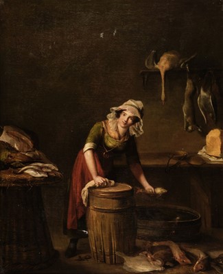 Lot 261 - Chardin (Jean Siméon, 1699-1779), Follower of. Kitchen Maid with Fish and Game, late 18th century
